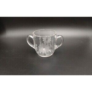 Vintage Clear Etched Daisy Leaf Floral Open Sugar Bowl Glowy Glass Glows 2.5"